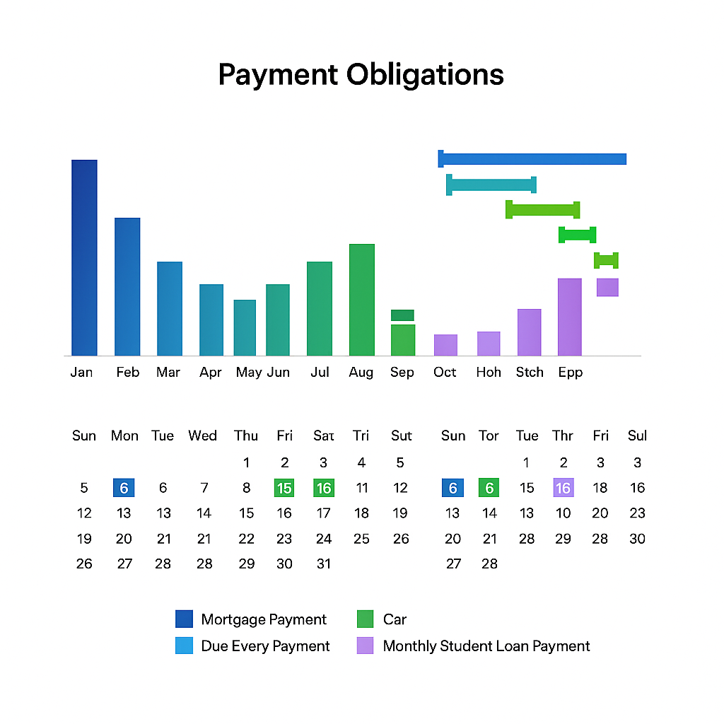A bar and line graph titled 'Payment Obligations' showing various payment obligations over the months from January to October, with color coding for mortgage payments, car payments, and student loan payments.